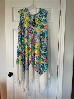 Shoreline Multicolor Floral Handkerchief-Hem Midi Dress